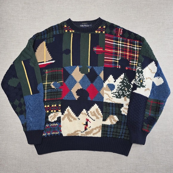 Vintage Nautica Hand-knit Holiday‎ Crewneck Pullover Heavy Sweater Mens Size L